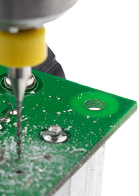 Drilling a printed circuit board with 10Pcs PCB Drill Bits Set Spiral Flute Carbide 0.3mm for precision work on CNC Dremel.