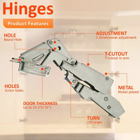 No Stress Setup Full Overlay Cabinet Hinges Bundle With Rock Solid Self Closing Mechanism Premium Nickel Finish showing hinge features.