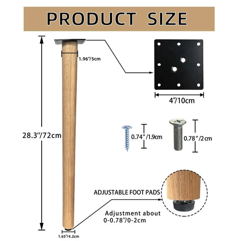 Product size illustration for Straight Up Solid 28 Inch Rubber Wood Table Legs Built Tough As Nails For Dining Tables and more.