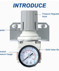 Front view of AIRZOE 1/4in NPT air pressure regulator with 0-150 psi gauge and mounting bracket