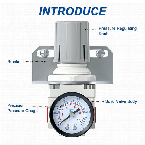 Front view of AIRZOE 1/4in NPT air pressure regulator with 0-150 psi gauge and mounting bracket