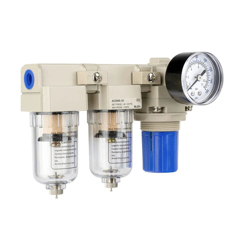 Pro Grade 1/4 Inch NPT Air Compressor Dryer with Double Filter Regulator and 5 Micron Brass Filter Element visible with gauge