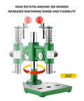Heavy Duty Cast Iron Arbor Press With Slick Automatic Rebound Handle And Knockout 350 Lb Capacity adjustable 360-degree rotating head.