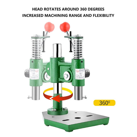 Heavy Duty Cast Iron Arbor Press With Slick Automatic Rebound Handle And Knockout 350 Lb Capacity adjustable 360-degree rotating head.