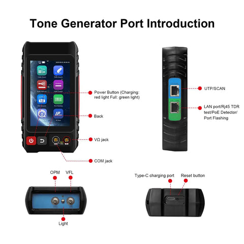 Rechargeable Network Cable Tester With Tone Generator And Probe All In One 4 Inch IPS Touchscreen with labeled ports