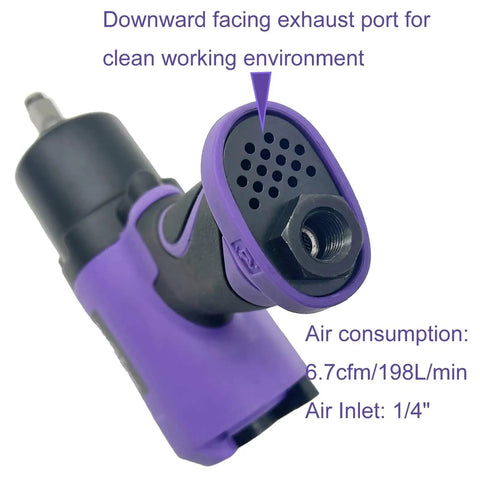 1/2 Inch Composite Air Impact Wrench With Twin Hammer Guts Delivers A Badass 1300 Ft Lbs Of Max Loosening Torque At A Screaming 8000 Rpm close-up view of downward facing exhaust port.