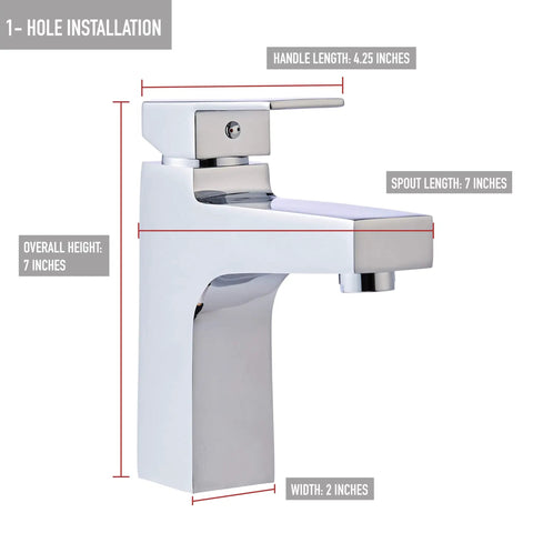 Single Handle Modern Bathroom Faucet In Polished Chrome With Brass Body And Zinc Alloy Handle, No-Fuss 1 Hole Mount, side view
