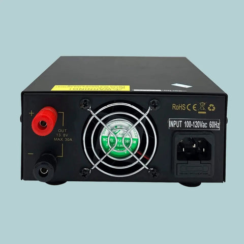 Rear view of Beefy 13.8V 30A Ham Radio Power Supply with AC to DC conversion, showing connections and cooling fan.