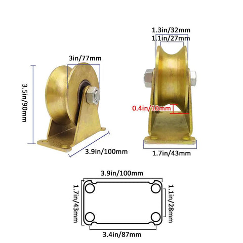 Beefy U Type Pulley Wheel Set, 4 Pcs 3in 77mm, Steel Construction, Max Load 1000kg Per Wheel, For Inverted Tracks, Rolling Gates, Sliding Doors, Industrial Machines And Wire Rope Rail, side view with dimensions