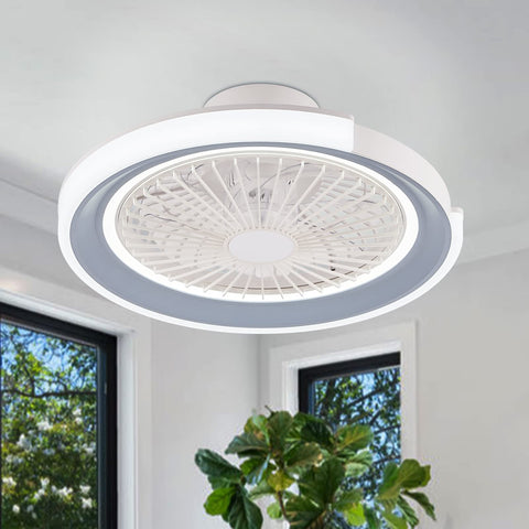 Bladeless Ceiling Fan With LED Lights And Remote 20 Inch Low Profile Flush Mount in a room with windows and plant