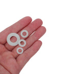 Heavy Duty Nylon Washer Set Assortment Kit From M2 To M8 Flat Nylon Washers For Furniture Assembly Machinery Upgrades And Hardware Projects 500 Piece Insulated Spacer Washers For Durable Mounting; M2-M8 white nylon washers in hand