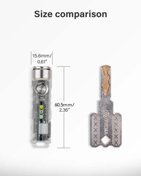 Aurora A8 4th Gen USB C Keychain Flashlight Rechargeable Tiny But Mighty Pocket Light shown beside a key for size comparison.