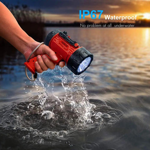 Rechargeable Spotlight Flashlight With 2 Million Lumen LED IP67 Waterproof Long Running Searchlight in water showcasing waterproof feature
