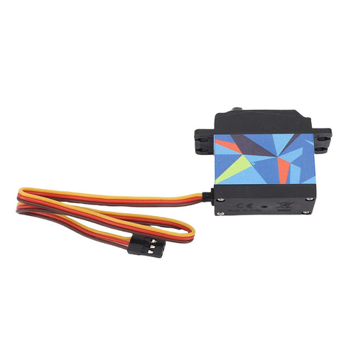 Heavy Duty 35 Kilogram Digital Servo Motor With Legit Steel Gears And An Aluminum Housing For One Ten Scale RC Builds, top view with colorful design.