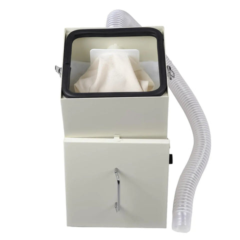 Badass 1000W Dental Vacuum Dust Extractor Packing Killer Suction Clears Shop Dust In Record Time Lab Dust Collector Machine With Smooth Speed Toggle Rig For Clinics top view with hose attachment and collection bag.