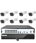 Beastly 16Ch 4K Security Camera With 5X Optical Zoom And AI Autofocus Crushes Dang Near Pitch Black Scenes With Exir Night Vision For Knockout Outdoor Surveillance Day And Night. Image shows eight white outdoor cameras with a black video recorder.