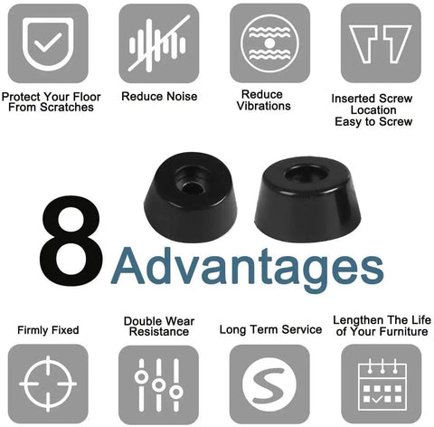Image showcasing 8 advantages of 20Pcs Black Rubber Feet Bumpers For Radio Cabinets And Electronics with icons and text.