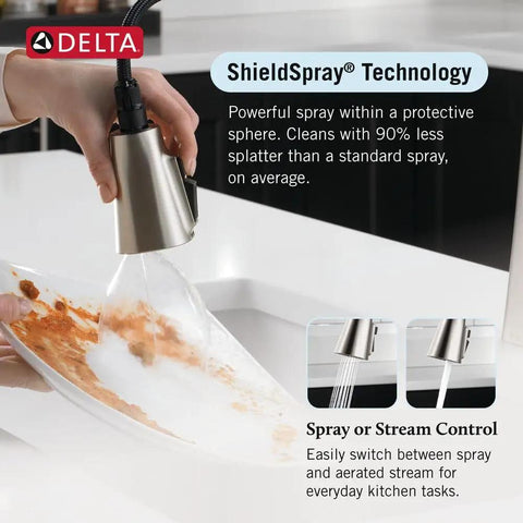 Crisp Brushed Nickel Kitchen Faucet Featuring Heavy Duty Pull Down Sprayer, showing ShieldSpray technology in use on a dish.