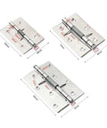 4 Pack Self Closing Stainless Steel Door Hinges With Spring Cross Hinge, showing three sizes with detailed measurements
