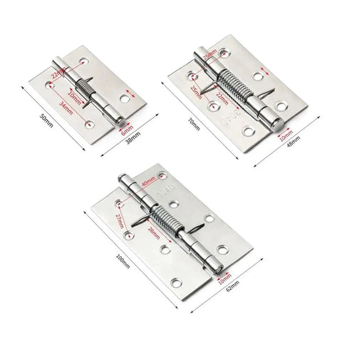 4 Pack Self Closing Stainless Steel Door Hinges With Spring Cross Hinge, showing three sizes with detailed measurements