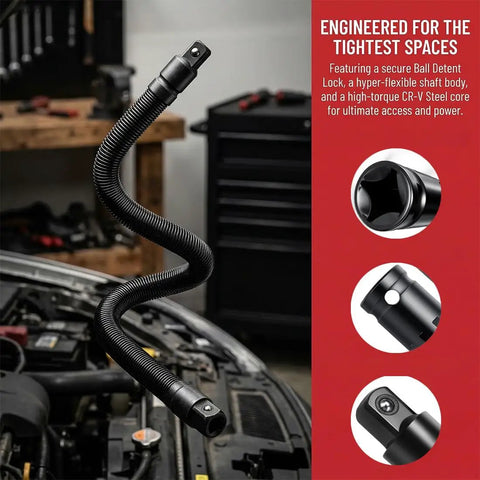 Half Inch Flexible Shaft Extension Bar For Impact Wrench And Ratchet installed in car engine bay, 350mm reach, bendable design