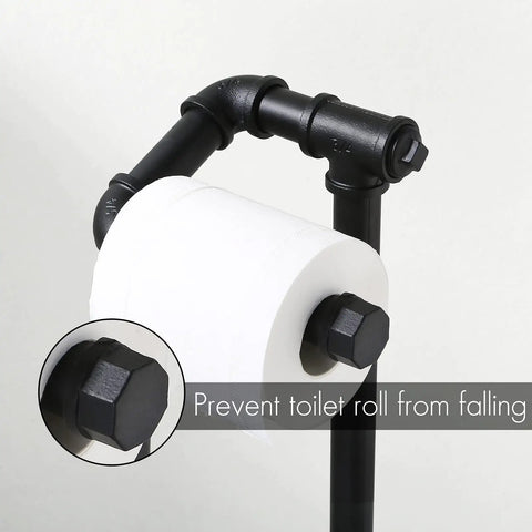 Rustic Farmhouse Toilet Paper Holder Stand With Reserve, Industrial Pipe Style detail showing round end cap preventing falls.
