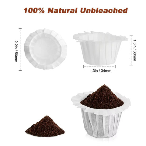Natural Unbleached Disposable Paper Coffee Filters For K Cup Pods 500 Pack showing size comparison and coffee grounds.