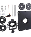 Top Shelf Aluminum Router Table Insert Plate Featuring Smooth Lift Gearbox And Dead On Height Adjustments For Craftsmen Seeking Flawless Edges And Trouble Free Tabletop Operation Daily components including screws and adjustment tools.