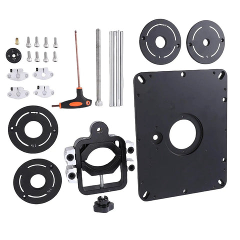 Top Shelf Aluminum Router Table Insert Plate Featuring Smooth Lift Gearbox And Dead On Height Adjustments For Craftsmen Seeking Flawless Edges And Trouble Free Tabletop Operation Daily components including screws and adjustment tools.