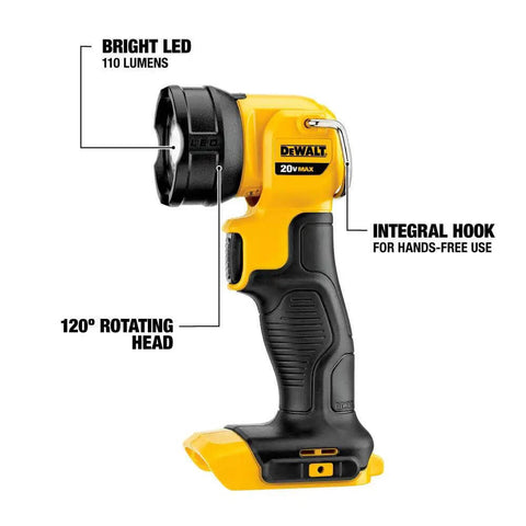 Loaded Compact Six Tool Cordless Power Kit Equipped With Two Speed Drill Driver And Fast Swap Chuck Plus Effortless Reciprocating Saw For Knocking Out Toughest Job Site Builds - LED work light with 120° rotating head.