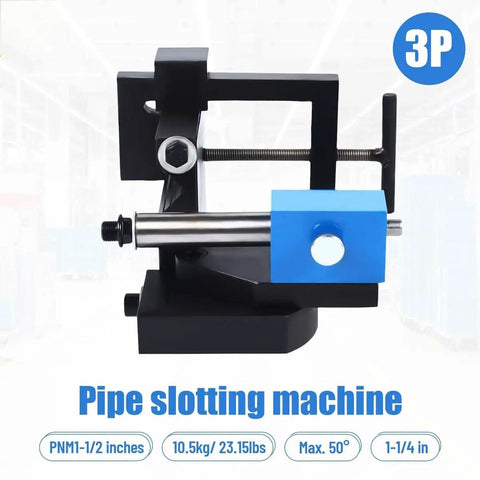 Heavy Duty Industrial Pipe Tube Notcher That Cranks From Zero To Fifty Degrees For Precision Cuts On Metal Wood And Plastic Piping Up To Seventy Six Mm, side view with cranking handle and adjustable guide.