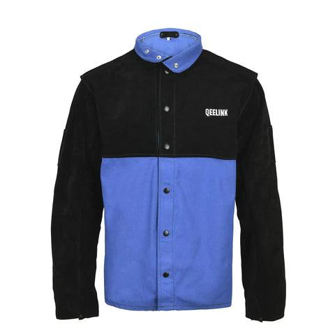 Split Leather Sleeves Welding Jacket With 10oz FR Cotton Body, Premium Flame Resistant Hybrid Welder Coat, Large Size Front View