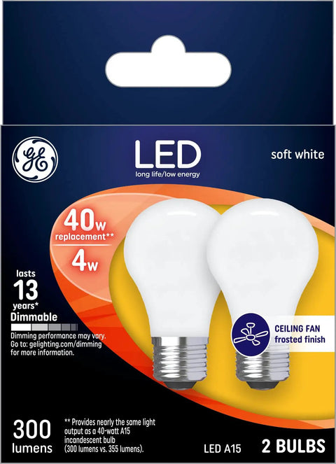 Packaging of LED Ceiling Fan Light Bulbs A15 4W Replacement Soft White Dimmable 300 Lumen, 2 bulbs shown