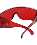 Heavy Duty Dental Laser Safety Glasses With Crisp Orange Lenses And Reliable Anti Fog Coating Tough Polycarbonate Shield 168 Piece Bulk Pack showing red tinted lenses and polycarbonate frame.