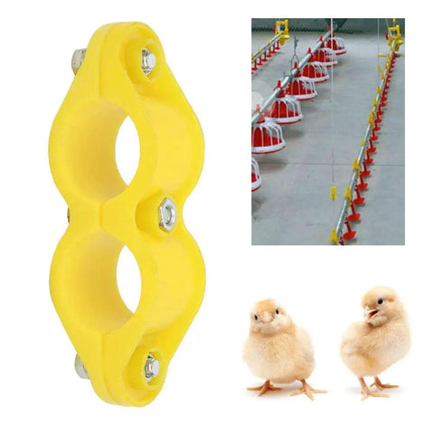 Water Pipe Clip Set 10 Pack Round Fasteners With Screws For Aquaculture Waterlines And Farm Lines No Fuss Durable ABS Material Easy Install 10 CM Piping Clips For Secure Pipe Fixing And DIY Projects featuring yellow clip with two chick images and farm watering system.