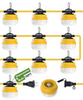 100Ft Construction String Lights For Job Sites, showing linkable 10 E26 bulbs and hooks, yellow cable, plug and replaceable bulb