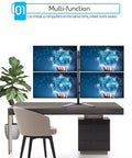 Heavy Duty Quad Arm Desk Mount For Multiple Flat Screens Rock Solid Monitor Bracket With No Sweat Tilt Swivel Clean Desk Vibe Killer Pro Rig 17 To 32 Inch Vesa Compatible mounted on desk with four screens displaying data.