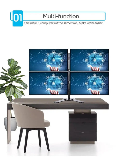 Heavy Duty Quad Arm Desk Mount For Multiple Flat Screens Rock Solid Monitor Bracket With No Sweat Tilt Swivel Clean Desk Vibe Killer Pro Rig 17 To 32 Inch Vesa Compatible mounted on desk with four screens displaying data.