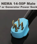Close-up of NEMA 14-50P male plug for RV generator power distribution cord, blue color for jobsite use, construction, and disaster recovery.