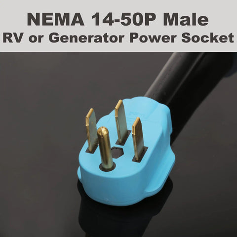 Close-up of NEMA 14-50P male plug for RV generator power distribution cord, blue color for jobsite use, construction, and disaster recovery.