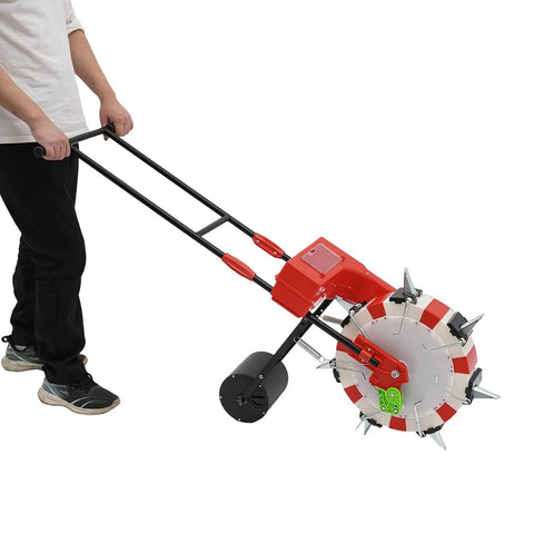 Person using Manual Garden Seeder Hand Push Walk Behind Planter With 7 Nozzles for precise row planting
