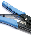 Pro Grade RJ Cable Crimping Tool For 8P And 6P Modular Plugs With Built In Cutter And Stripper, blue handle, heavy duty steel