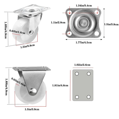 Hella Tough Eight Piece Heavy Duty Casters With Secure Locking Brakes And Smooth White Plate Mount Wheels Optimized For Furniture That Glides Like A Charm Today dimensions showing four casters and mounting plates.