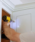 Person installing 2 Pcs 90X90mm Cabinet Hinges Repair Plate Stainless Steel Black For Wooden Doors Kitchen Cupboards And Furniture Built To Last Hinge Repair Brackets With 6 Screws And Easy Install on cabinet