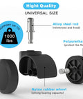 Replacement Office Chair Caster Wheels Set Of 5 For Hardwood Floors And Carpet Heavy Duty Up To 1000 Lb Capacity 2 Inch Universal Size Black Polyurethane Casters for smooth glide and floor protection, components display with alloy steel rod, nylon wheel, and polyurethane cover