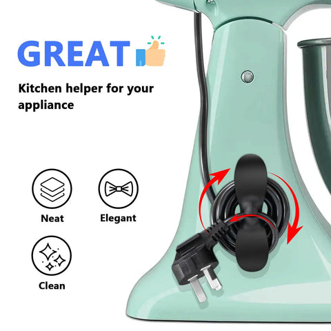Stick On Cord Organizer For Kitchen Appliances, Easy Wrap Cord Holder for Mixer, showing cord wrapped on green appliance.