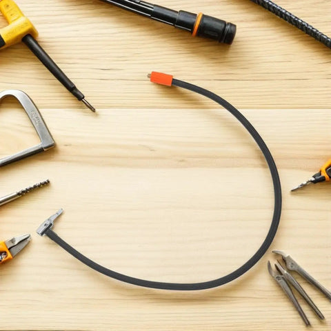 Solid As A Rock Metal High Pressure Tire Inflator Extension Hose Leakproof Design Universal Fitment For Your Car Or Bike To Stay Pressed Up No Drama With Wear Resistance To Handle Any Job Wherever You Are From Garage To Highway. Black metal tire inflator extension hose with orange fitting on wood table, close-up