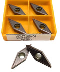 Premium Grade Carbide Turning Inserts 10 Pack For Metal Lathe CNC Machining High Wear Resistance VCMT160408 And VCMT160404 Shapes in storage case.