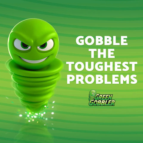 Green Gobbler mascot with text 'Gobble the Toughest Problems' on striped green background.