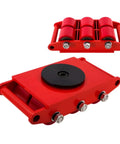 Heavy Duty Electric Load Moving Platform With Remote Control Equipment Transport Dolly Glides Like Butter Under Heavy Machinery Smooth Warehouse Cargo Rolling Adjustable Skates, showing red roller skates.